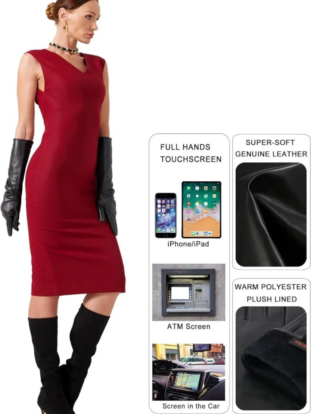 Elegant Winter Black Long Leather Gloves for Women | Touchscreen, Warm Lined